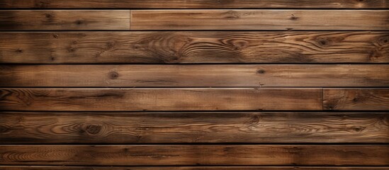 Fototapeta premium Close up of a brown hardwood plank wall with a blurred background, showcasing the intricate wood stain pattern of the lumber flooring