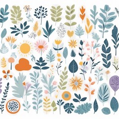 A collection of seamless pattern, colorful abstract plants and flowers. Hand drawn Collection of leaves and flowers. A close up of a pattern of flowers and leaves.
