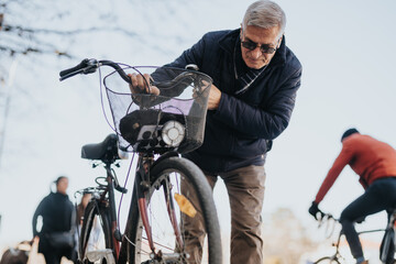 A focused elderly man securing the basket on his bike while enjoying outdoor activities in a city park, exemplifying an active lifestyle.