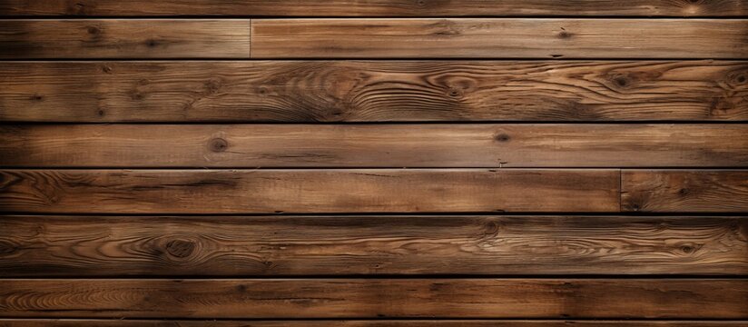 Close up of a brown hardwood plank wall with a blurred background, showcasing the intricate wood stain pattern of the lumber flooring