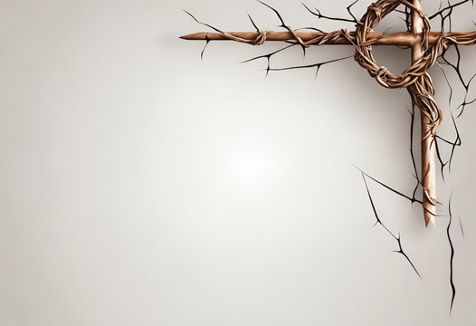 A cross made of thorns and branches against a white background. Great for Good Friday wishes post, poster, banner, social media with copy space.