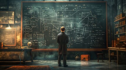 2D Illustrate of A mathematician solving complex equations on a chalkboard.  A focused mathematician intensely solves complex equations on a chalkboard,