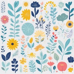 A collection of seamless pattern, colorful abstract plants and flowers. Hand drawn Collection of leaves and flowers. A close up of a pattern of flowers and leaves.
