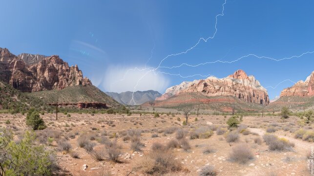  a view of a mountain range with mountains in the background and a lightning bolt in the sky in the foreground.
