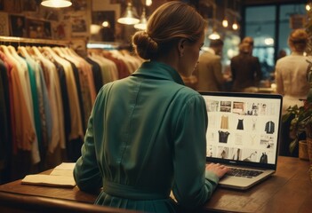A woman uses a digital tablet to shop in a modern clothing store, merging technology with retail experience.