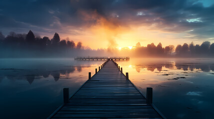 Obraz premium Mid shot of minimalist pier extending into lake