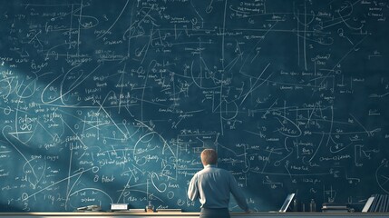 A focused mathematician intensely solves complex equations on a chalkboard, showcasing mathematical symbols and theories in a dimly lit room, embodying academic rigor - obrazy, fototapety, plakaty