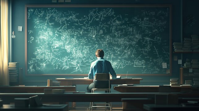 A focused mathematician intensely solves complex equations on a chalkboard, showcasing mathematical symbols and theories in a dimly lit room, embodying academic rigor