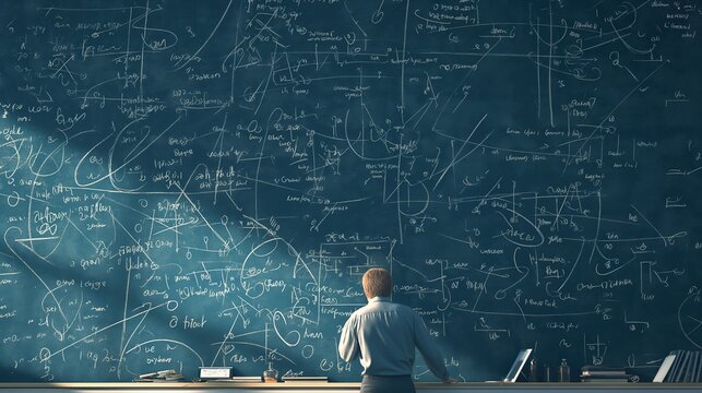 A focused mathematician intensely solves complex equations on a chalkboard, showcasing mathematical symbols and theories in a dimly lit room, embodying academic rigor