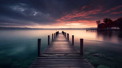 Fototapeta na wymiar Mid shot of minimalist pier extending into lake