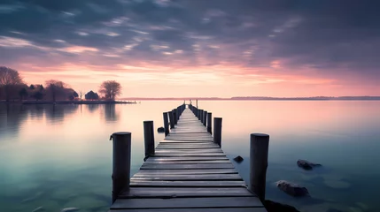 Tuinposter Mid shot of minimalist pier extending into lake © xuan