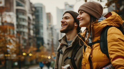 Fototapeta premium Urban Exploration: Joyful Couple in Autumnal City