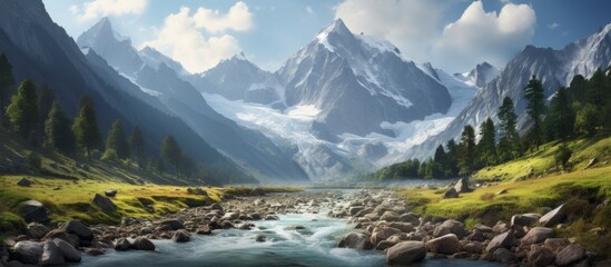 A river meanders through a picturesque mountain valley, with snowcapped peaks in the background under a cloudy sky, creating a stunning natural landscape - obrazy, fototapety, plakaty