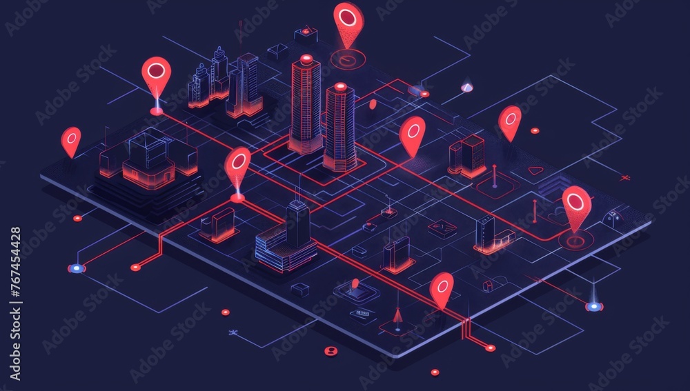 Wall mural illustration of an isometric city map with pins and location markers, representing the concept of ur