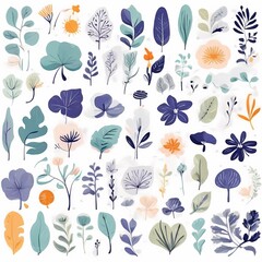 A collection of seamless pattern, colorful abstract plants and flowers. Hand drawn Collection of leaves and flowers. A close up of a pattern of flowers and leaves.
