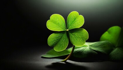 a captivating composition featuring a four-leaf clover against a sleek black background, symbolizing good luck and prosperity. Utilize bold, minimalist lines to convey the clover's shape and texture, 