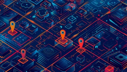 illustration of an isometric city map with pins and markers, highlighting different locations for mobile business products or services Generative AI