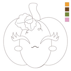 Coloring pumpkin cute with eyes and eyelashes and blush, with leaves and curls, vector, line with color swatches for painting