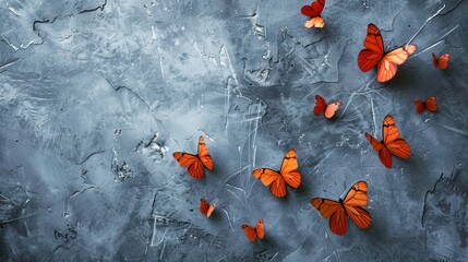 Vibrant orange butterfly display on a rugged grey texture. Colorful nature scene with orange butterflies on a monochrome background.