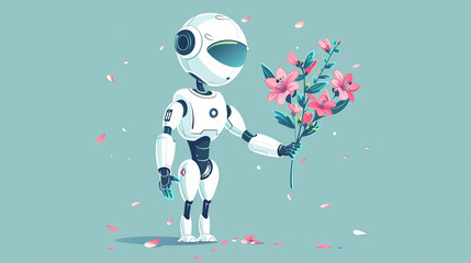 Futuristic robot gently holding a bouquet of pink flowers against a serene backdrop. A minimalist illustration of a robot with flowers symbolizing the blend of technology and nature.