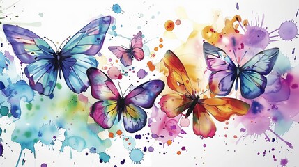 Watercolor painted butterflies in a splash of vibrant hues for decor inspiration. Artistic rendition of colorful butterflies amidst abstract watercolor splatters for creative design - obrazy, fototapety, plakaty