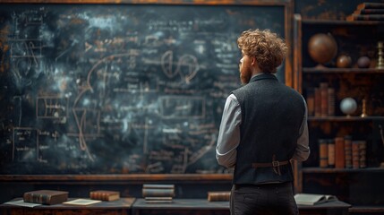 Veteran scientist meticulously works on solving advanced physics equations on a chalkboard, surrounded by vintage books and notes, reflecting deep intellectual pursuit - obrazy, fototapety, plakaty