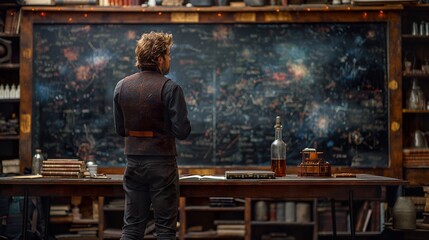 Veteran scientist meticulously works on solving advanced physics equations on a chalkboard, surrounded by vintage books and notes, reflecting deep intellectual pursuit - obrazy, fototapety, plakaty
