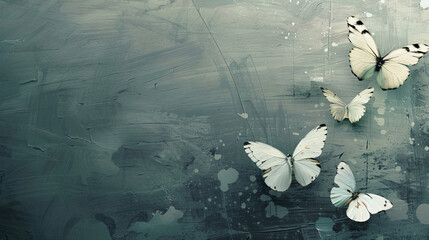 Stark white butterflies offer a vivid contrast to the moody, distressed background, creating a captivating visual tension
