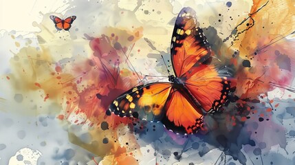 Modern art abstract butterfly illustration in orange and black tones. Abstract expressionist butterfly art piece in a dynamic color palette.