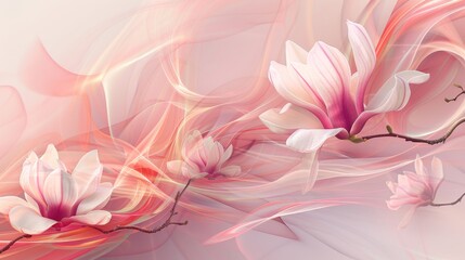 Abstract magnolia artwork in pink and white. Digital magnolia flowers with swirling pink background