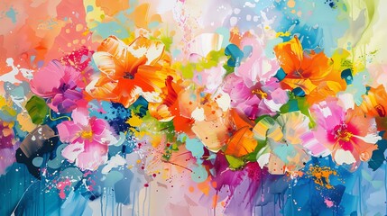 Abstract colorful painting with splashes of paint and vibrant floral elements against a multicolored background