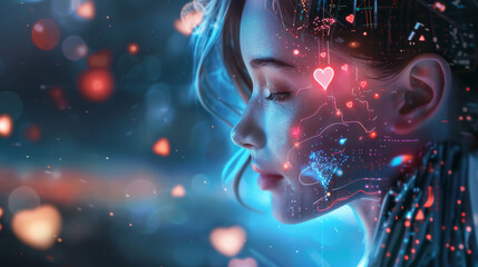 Intimate portrait of android with heart-shaped illuminations. Love and artificial intelligence merged in digital art. The essence of emotions captured in a futuristic android's face.