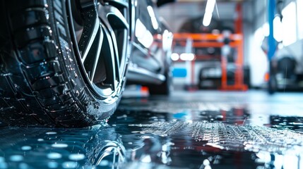 High-performance car tire in a well-lit garage, glistening with water drops. Expert automotive care in a modern vehicle service station.