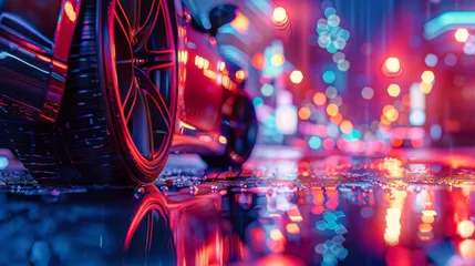 Fotobehang Close-up of a car tire on a wet street reflecting neon city lights at night. Vibrant neon lights reflecting on city road after rain. Modern urban scene with colorful night lights on wet pavement. © Irina.Pl