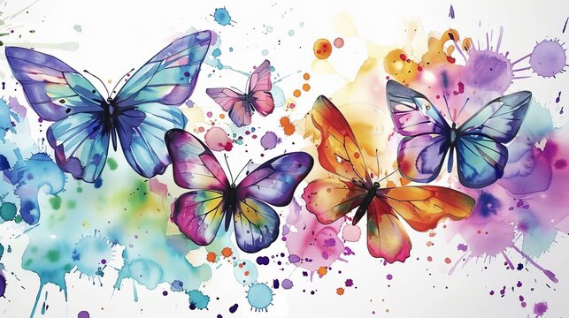 Watercolor painted butterflies in a splash of vibrant hues for decor inspiration. Artistic rendition of colorful butterflies amidst abstract watercolor splatters for creative design