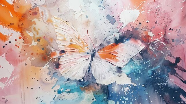 Abstract watercolor painting of a butterfly with a blend of orange, pink, and blue splashes.