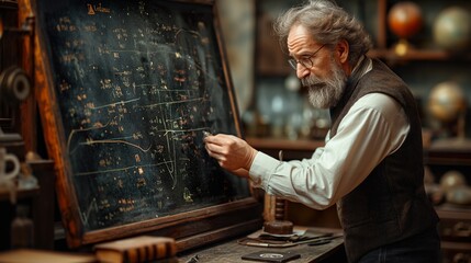 Elderly physicist engrossed in complex theoretical calculations on a blackboard, with antique books and scientific papers scattered around, embodying timeless knowledge