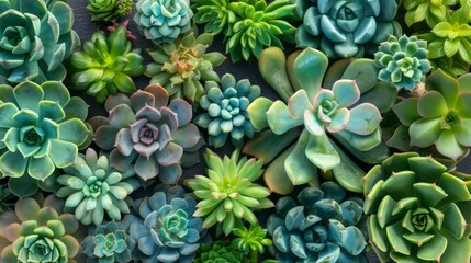  a bunch of different kinds of succulents in a group on a black surface with one plant in the middle of the picture.