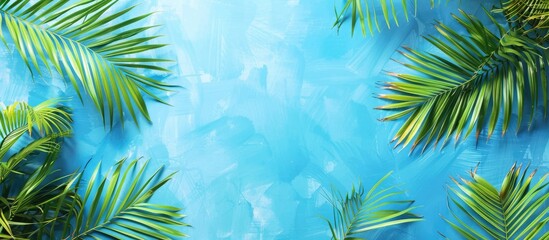 Fototapeta na wymiar Tropical palm leaves on a blue backdrop with empty space for text, ideal for a travel agency's top view banner.