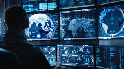 Officer monitoring intelligence Network, Multiple pc Screens in Blue-Lit Room. futuristic image 