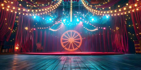 Forlorn Empty circus tent. abstract futuristic background of red empty stage and neon lighting spotlight stage background. - obrazy, fototapety, plakaty