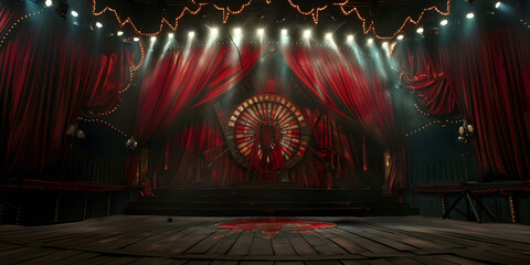 Theater stage with red curtains and spotlights, Elegant classic theater ready to start the show. - obrazy, fototapety, plakaty