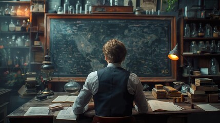 Experienced scholar engrossed in detailed physics research on a chalkboard, in a room filled with ancient texts, portraying a bridge between past and present knowledge.