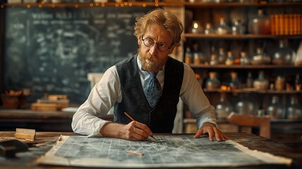 Experienced scholar engrossed in detailed physics research on a chalkboard, in a room filled with ancient texts, portraying a bridge between past and present knowledge.