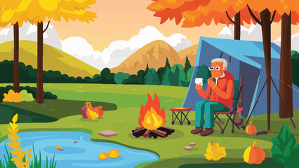 Cozy Autumn Retreat: Senior Camper Enjoying Tea by the Pond - Vector Illustration for Outdoor Enthusiasts and Adventure Seekers