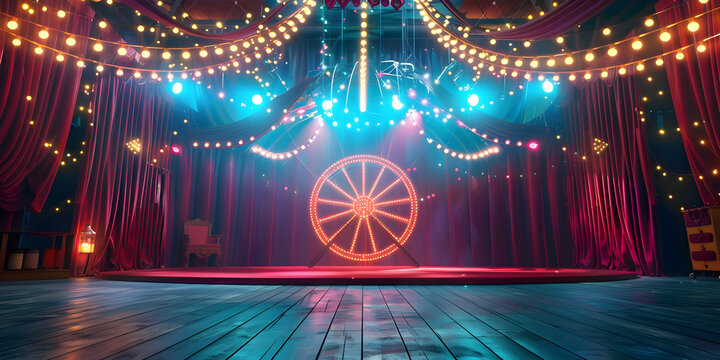 Forlorn Empty circus tent. abstract futuristic background of red empty stage and neon lighting spotlight stage background.