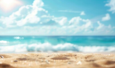 Abstract blur defocused background. Tropical summer beach with golden sand, turquoise ocean and...