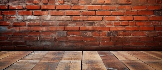 A brown wooden floor lies in front of a rectangular brick wall, showcasing the beautiful contrast between the natural building materials of wood and brickwork