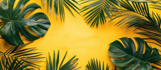 Tropical palm leaves on a yellow backdrop convey a summer theme. Displayed in a flat lay style with a top-down view and space for text.
