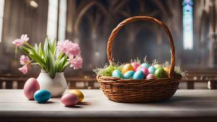 Obraz na płótnie Canvas Easter Basket, Colorful Eggs and Floral Decor Illuminated by Contoured Light, Against Blurred Background of Beautiful Church with Stained Glass Windows - Springtime Radiance